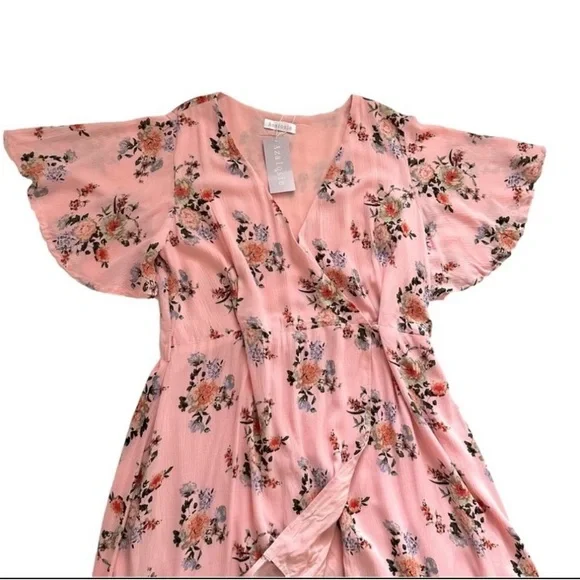 Azalosie Pink Peach Floral Shor Dress  SIZE M 
Sleeve Wrap High Low Maxi - Picture 2 of 10